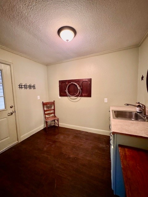 laundry room featuring sink, crown molding, dark wood-type flooring, and a textured ceiling