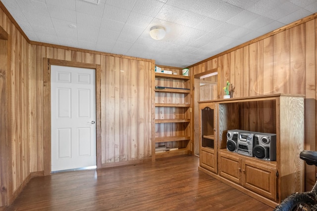 interior space featuring built in features, wood walls, and wood finished floors