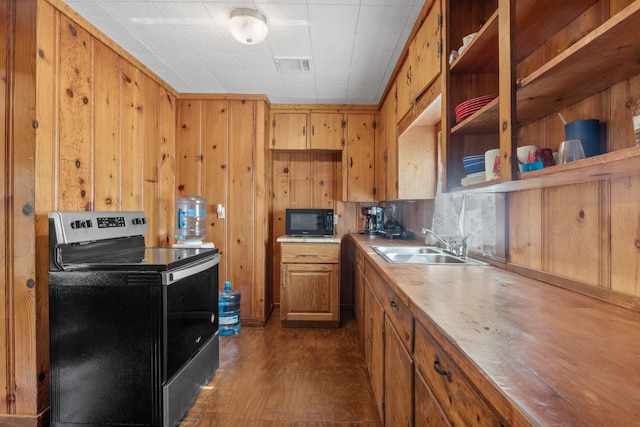 kitchen featuring open shelves, visible vents, light countertops, electric range, and black microwave