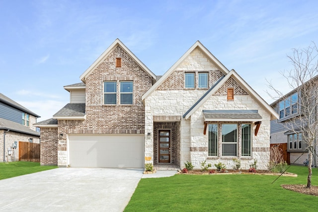 view of front facade with a garage and a front lawn