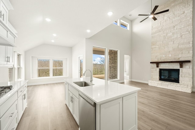 3909 Birch Grove Bnd, Denton, TX 76226 - kitchen featuring a sink, open floor plan, stainless steel appliances, ceiling fan, and an island with sink