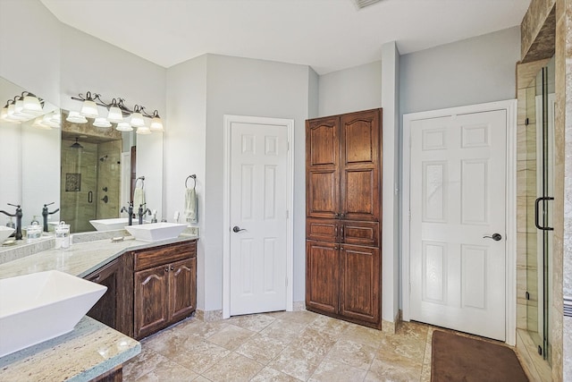 bathroom with vanity and plus walk in shower