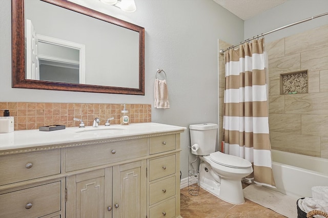 full bathroom with decorative backsplash, shower / bath combo, toilet, tile patterned flooring, and vanity