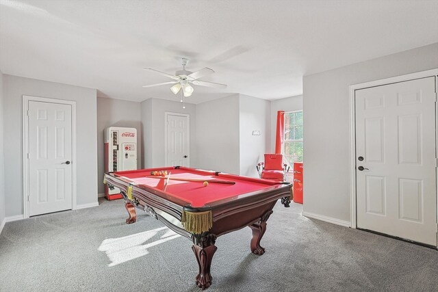 game room with ceiling fan, billiards, and light colored carpet