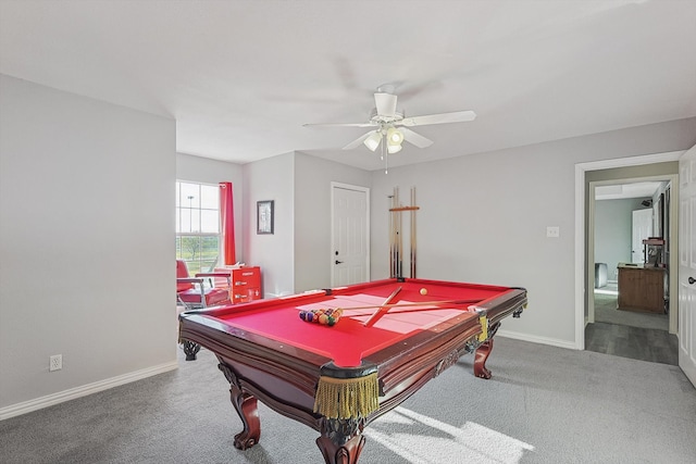 rec room featuring ceiling fan, carpet floors, and pool table