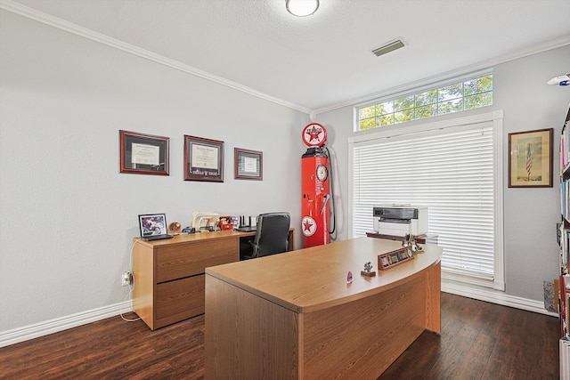 office area with ornamental molding and dark hardwood / wood-style floors