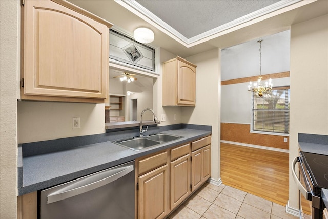 kitchen with sink, light brown cabinets, stainless steel appliances, light tile patterned floors, and ceiling fan with notable chandelier