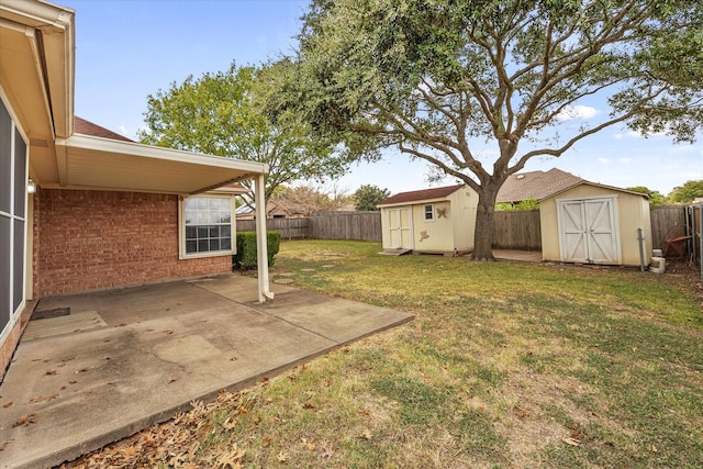 view of yard featuring a patio and a storage shed