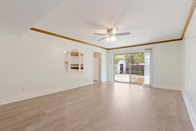 unfurnished living room featuring light hardwood / wood-style floors, crown molding, and ceiling fan