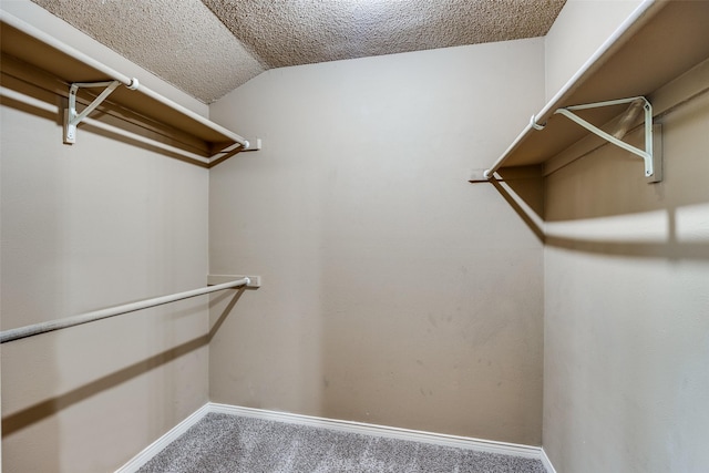 walk in closet with lofted ceiling and carpet flooring