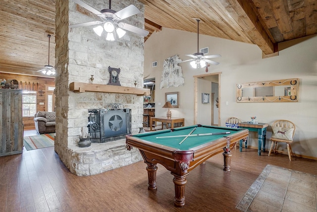 game room with wooden ceiling, a stone fireplace, high vaulted ceiling, billiards, and hardwood / wood-style flooring