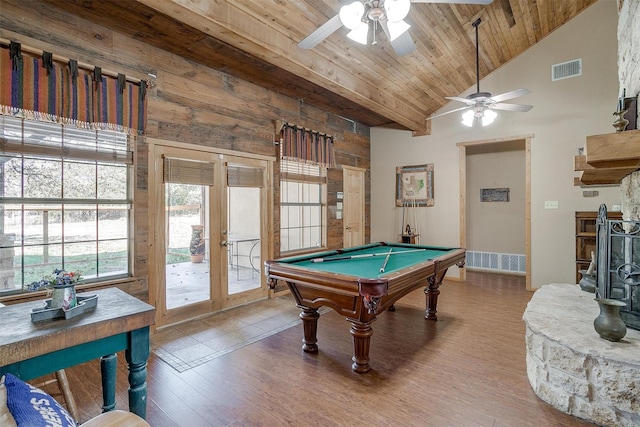 playroom with ceiling fan, french doors, hardwood / wood-style flooring, and billiards