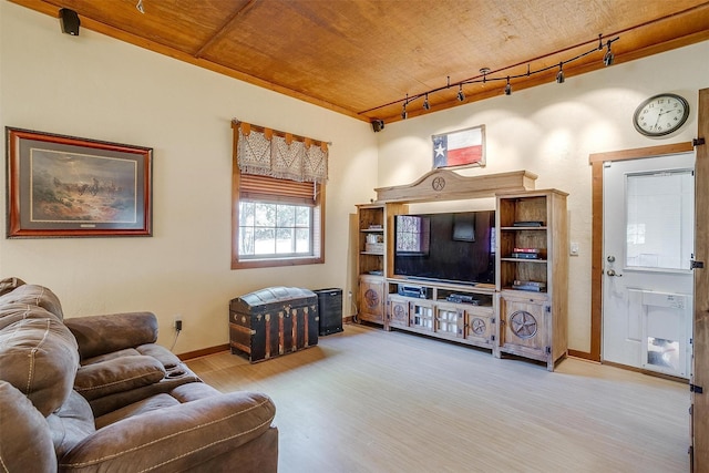 living room with light wood-type flooring, wooden ceiling, and track lighting