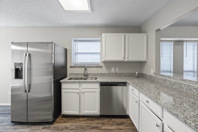 kitchen featuring appliances with stainless steel finishes, a healthy amount of sunlight, sink, and dark wood-type flooring