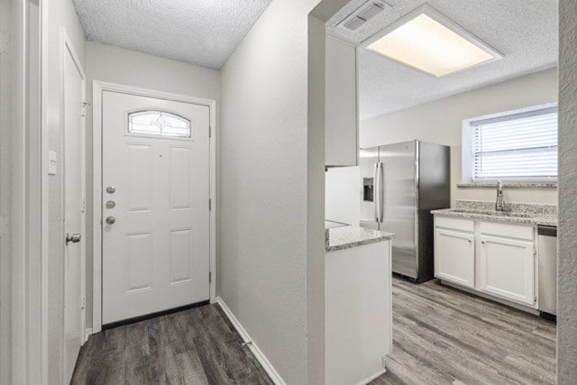 entrance foyer with sink, dark wood-type flooring, and a textured ceiling