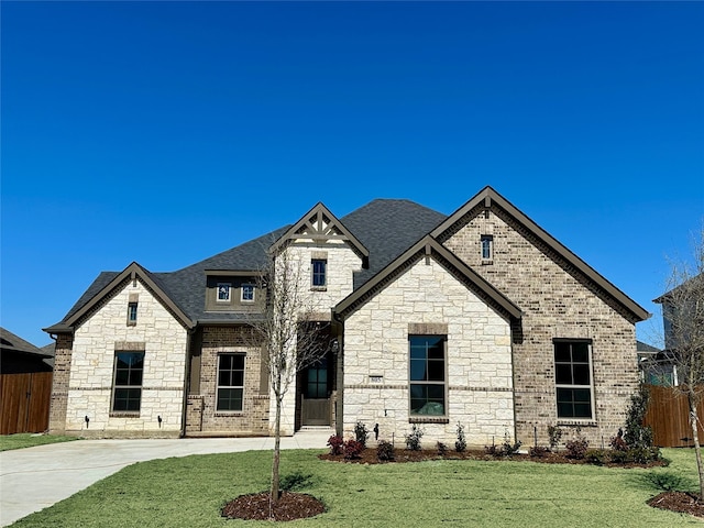 french country style house with a front yard, fence, brick siding, and driveway