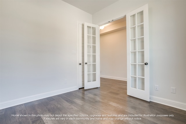 empty room featuring french doors, baseboards, and wood finished floors