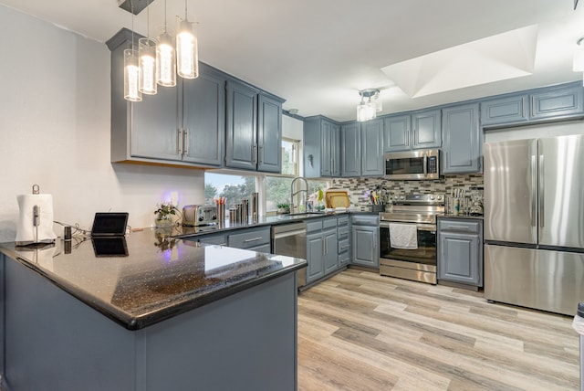 kitchen with sink, hanging light fixtures, stainless steel appliances, light hardwood / wood-style flooring, and kitchen peninsula