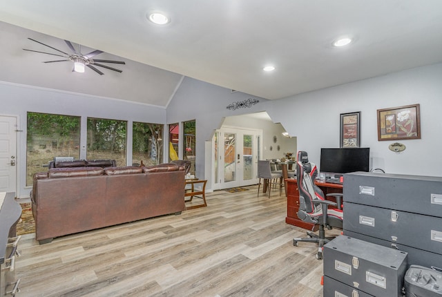 office area featuring french doors, light wood-type flooring, ceiling fan, and lofted ceiling