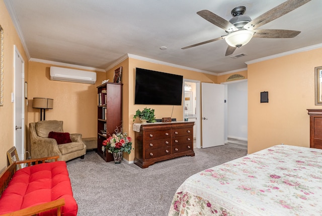 carpeted bedroom with ceiling fan, an AC wall unit, and ornamental molding