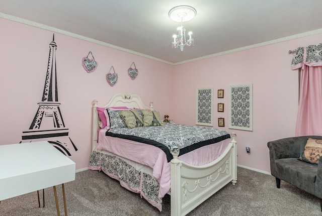 bedroom featuring carpet flooring, crown molding, and a chandelier