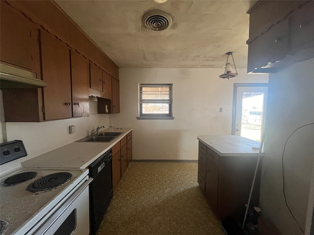 kitchen with sink, white range with electric stovetop, decorative light fixtures, and dishwasher