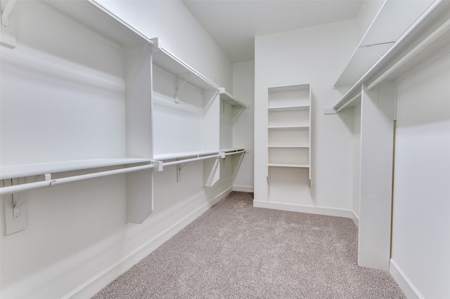 walk in closet featuring light colored carpet