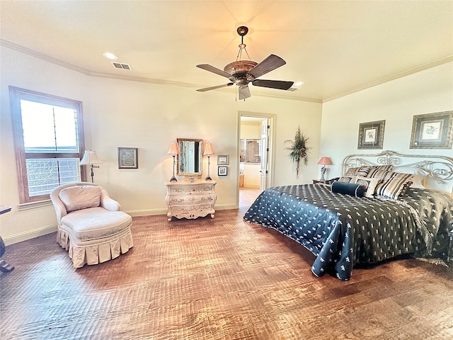 bedroom with crown molding, ensuite bathroom, and ceiling fan