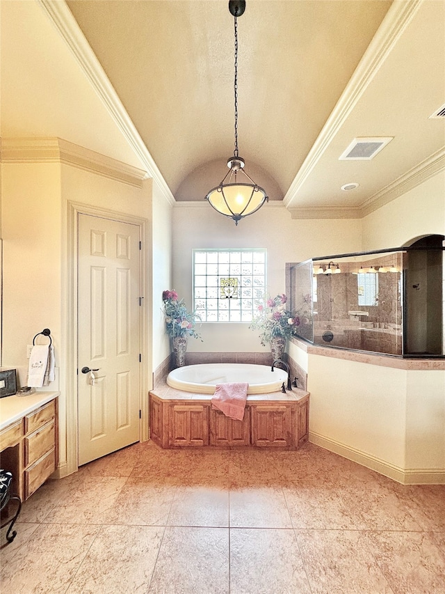 bathroom featuring separate shower and tub, lofted ceiling, vanity, crown molding, and tile patterned flooring