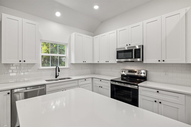 kitchen with stainless steel appliances, white cabinetry, sink, and decorative backsplash