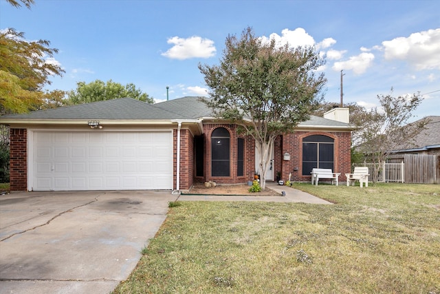 ranch-style house with a front yard and a garage