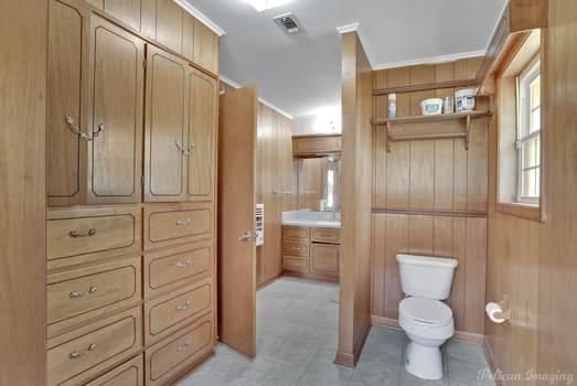 bathroom with toilet, crown molding, wooden walls, and vanity