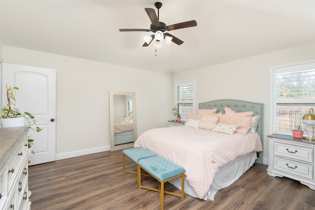 bedroom with multiple windows, dark hardwood / wood-style floors, and ceiling fan