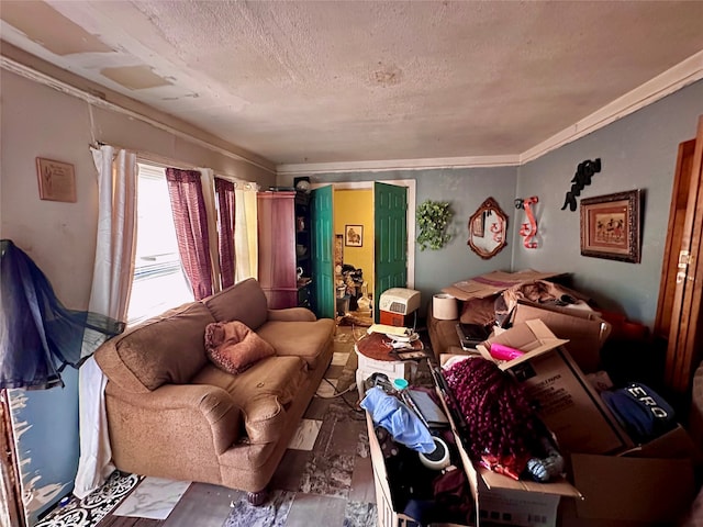 living room with ornamental molding and a textured ceiling