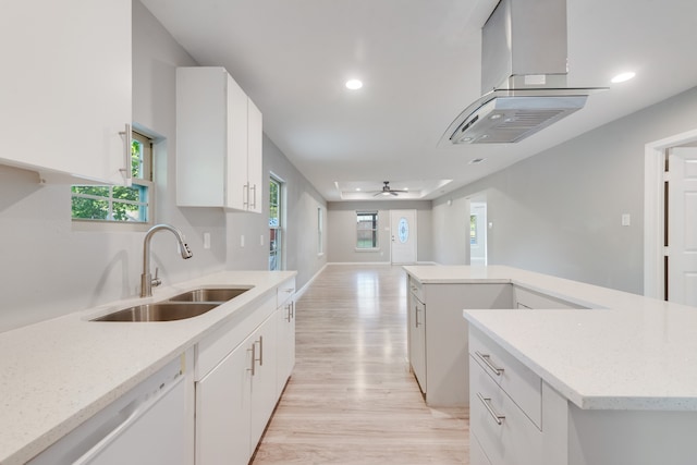 kitchen featuring sink, white dishwasher, light hardwood / wood-style floors, white cabinets, and range hood