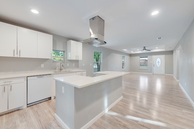 kitchen featuring white cabinetry, dishwasher, exhaust hood, and sink