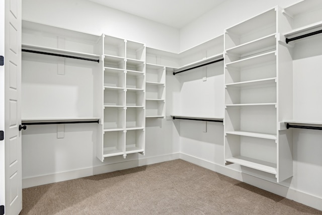 walk in closet featuring light colored carpet