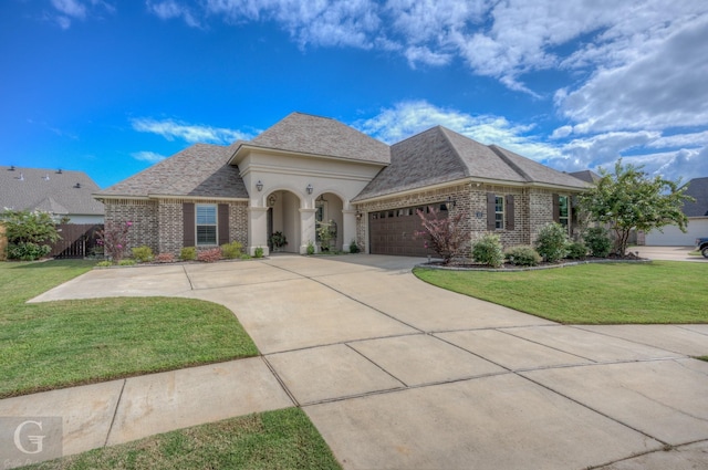 view of front of house featuring a garage and a front lawn