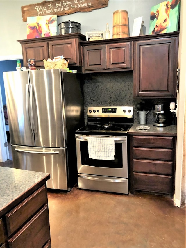 kitchen with dark brown cabinets, backsplash, and stainless steel appliances