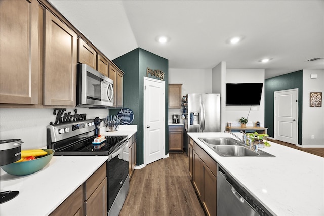 kitchen with sink, appliances with stainless steel finishes, and dark hardwood / wood-style floors