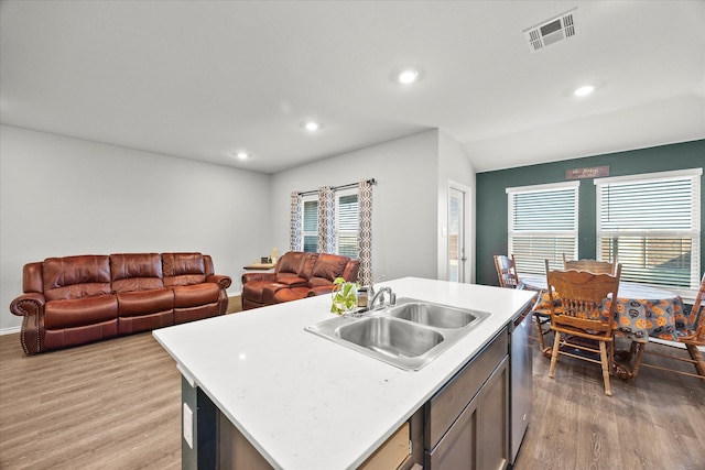 kitchen with sink, a kitchen island with sink, light hardwood / wood-style flooring, and plenty of natural light