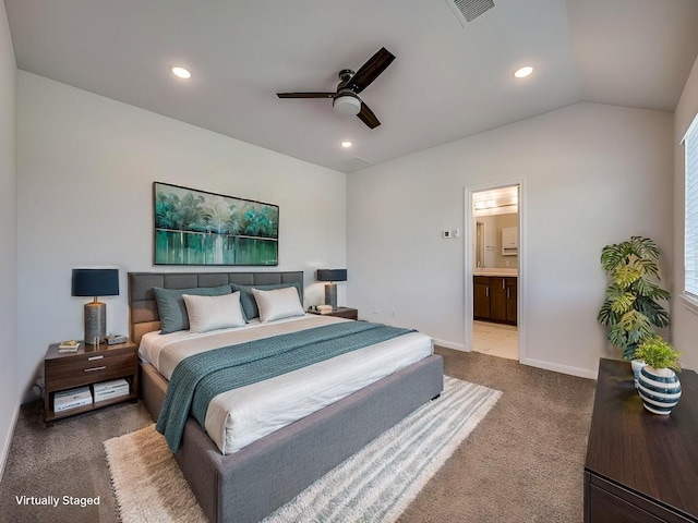 bedroom featuring lofted ceiling, carpet flooring, recessed lighting, and visible vents