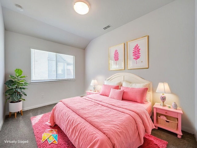 carpeted bedroom with visible vents, baseboards, and lofted ceiling