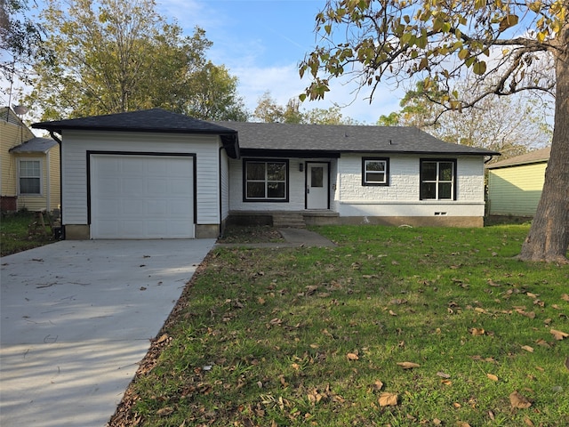 single story home with a garage and a front lawn