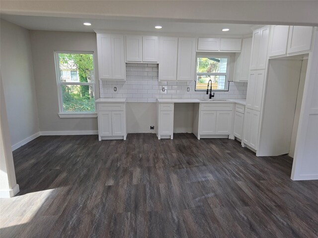 3107 51st St, Dallas, TX 75216 - kitchen with a sink, dark wood finished floors, baseboards, decorative backsplash, and recessed lighting