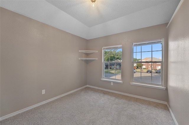 carpeted spare room with a textured ceiling