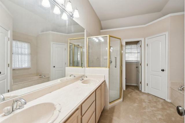 bathroom with vanity, plus walk in shower, ornamental molding, and lofted ceiling