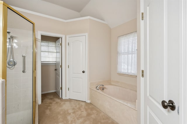 bathroom with lofted ceiling, plus walk in shower, and crown molding