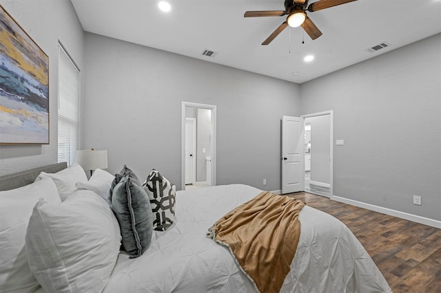 bedroom with hardwood / wood-style floors and ceiling fan