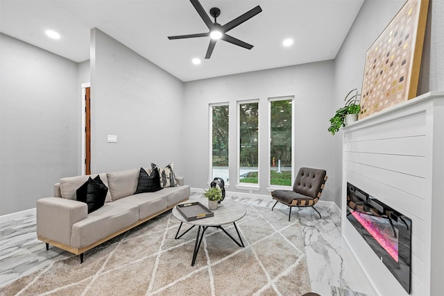 living room featuring ceiling fan